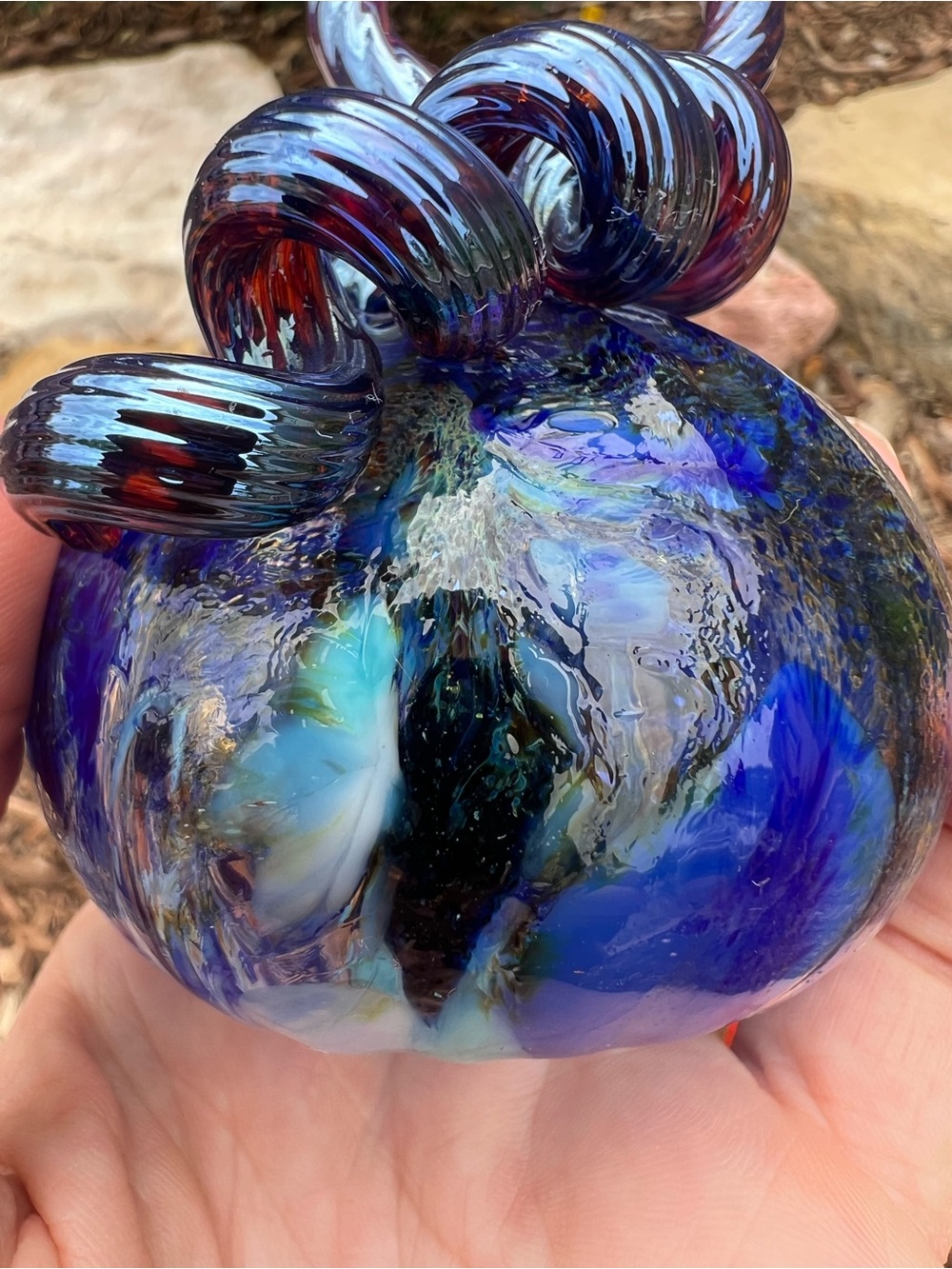 Handblown Blue Glass Pumpkin Halloween Thanksgiving Autumn - Picture 10 of 12